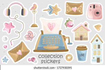 Romantic stickers with flowers, branches and cute elements. Printing on paper, fabric,
 and tableware. Vector illustration.
