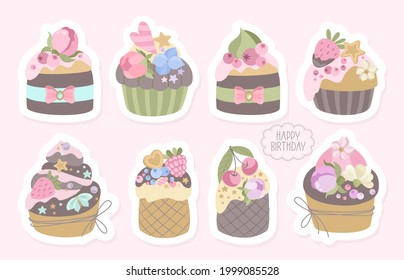 Romantic stickers with ice cream, sweet dessert, flowers. Printing on paper, fabric, 
and the dishes. Vector illustration.