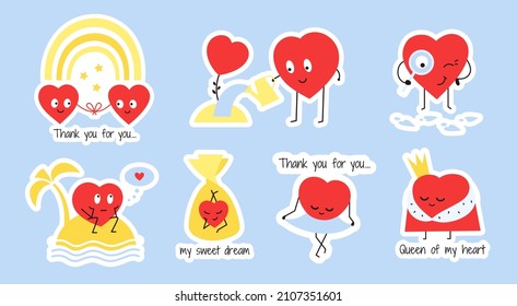 Romantic stickers with red happy hearts. Vector sticker sheet for Valentines day with cute heart characters. Love and friendship. Perfect match. Couple in love. Two hearts. Find your love, soulmate