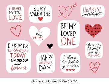 Romantic stickers set. Cute love badges, lettering, doodle quotes, stickers. vector. Valentine's Day quotes. Be my Valentine, dearest sweetheart etc. Vector illustration