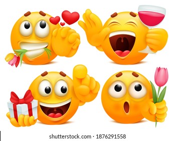 Romantic stickers. Set of four yellow cartoon emoji charaters in various situations. Emoticon collection. Vector illustration