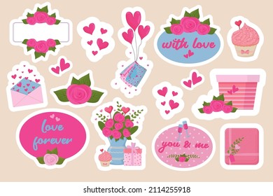 Romantic stickers set with frames, pink roses, gifts, love letter and cupcake in cute cartoon style isolated on white background. 