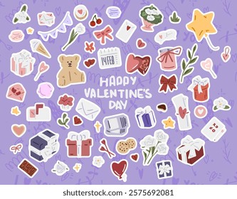 Romantic Stickers Set. A romantic sticker collection for Valentine s Day, featuring gifts, hearts, flowers, teddy bear, and love-themed icons on a purple background. Perfect for design projects.