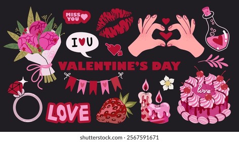 Romantic stickers for St. Valentine's Day on February 14. Romantic elements, ring, rose, sweets, kiss. Cartoon style. Perfect for stickers and greeting cards. 