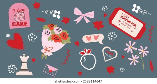 Romantic stickers for St. Valentine's Day on February 14 in retro 90s style. Love-themed elements, hearts, gifts, letters. Vector set.