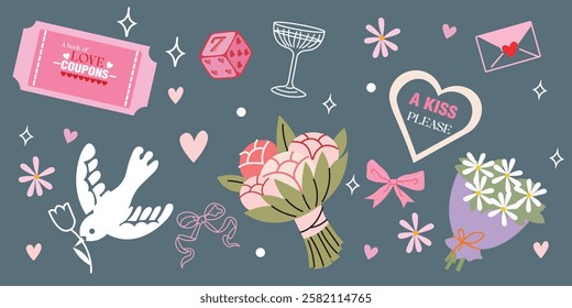 Romantic stickers for St. Valentine's Day on February 14 in retro 90s style. Love-themed elements, hearts, gifts, letters. Vector set.