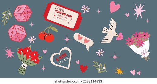 Romantic stickers for St. Valentine's Day on February 14 in retro 90s style. Love-themed elements, hearts, gifts, letters. Vector set.