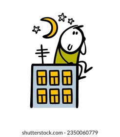 Romantic stickman sits on the roof of skyscraper with moon and stars and dreams of love and peace. Vector illustration of cartoon man on the roof of a house at night. Cute character isolated.