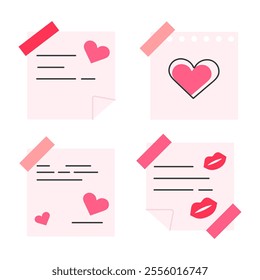 Romantic sticky notes set. Minimalist Valentine's Day illustration with hearts, kisses, and decorative tape.