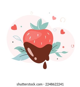 Romantic strawberries in dark chocolate. Vector illustration for sticker, flyer, invitation, poster, brochure, banner, fabric, textile