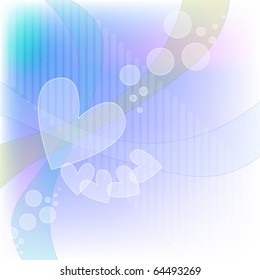 Romantic striped vector background with circles and hearts