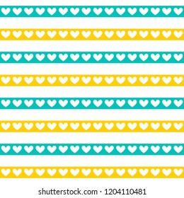 Romantic stripy design for surface, textile, wrapping or greeting cards decoration. Seamless vector pattern with heart shapes, yellow and green horizontal stripes.