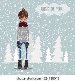 Romantic stylish girl on snow background with hand drawn inscription Think of you. Christmas card. Valentines Day. Flat illustration.