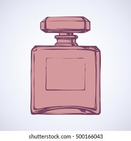 Romantic stylish old red square odour make spirit flask isolated on light white backdrop. Freehand outline ink hand drawn sign sketch in art style pen on paper. Closeup view with space for text on tag