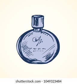 Romantic stylish round odour make spirit flask on light backdrop. Freehand linear black ink hand drawn parfum sign sketchy in art retro style pen on paper. Close-up view with space for text on label