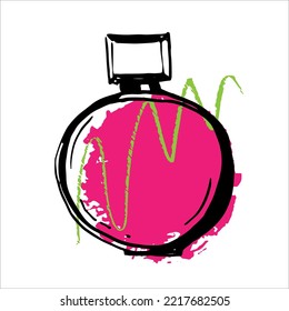 Romantic stylish round odour make spirit flask isolated on light backdrop. Freehand linear black ink hand drawn sign sketchy in art retro style pen on paper. Close-up view with space for text on label