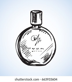 Romantic stylish round odour make spirit flask isolated on light backdrop. Freehand linear black ink hand drawn sign sketchy in art retro style pen on paper. Close-up view with space for text on label