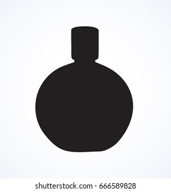 Romantic stylish round odour make spirit flask isolated on light backdrop. Dark ink hand drawn picture emblem in art retro print style. Close-up view with space for text on label