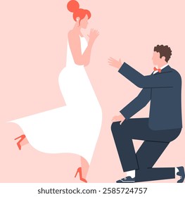 Romantic stylized illustration of a groom in elegant suit kneeling and asking to marry his excited bride in a white wedding dress, celebrating their engagement