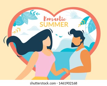 Romantic Summer Horizontal Banner, Loving Happy Couple Holding Hands in Heart Shaped Frame with Seascape. Love Story Poster, Honeymoon Trip, Valentine Day, Summertime, Cartoon Flat Vector Illustration