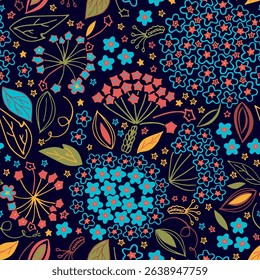 Romantic summer hoya floral herbal seamless vector pattern ornament illustration blue pink flowers green yellow leaves dark background invitation card banner textile wrapping packaging graphic design