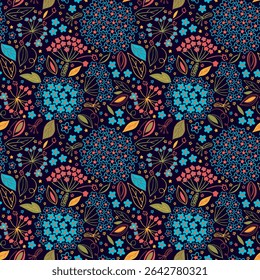 Romantic summer hoya floral herbal seamless vector pattern ornament illustration blue pink flowers green yellow leaves dark background invitation card banner textile wrapping packaging graphic design