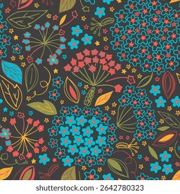 Romantic summer hoya floral herbal seamless vector pattern ornament illustration blue pink flowers green yellow leaves dark background invitation card banner textile wrapping packaging graphic design
