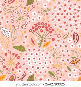 Romantic summer hoya floral herbal seamless vector pattern ornament illustration blue pink flowers green yellow leaves beige background invitation card banner textile wrapping packaging graphic design