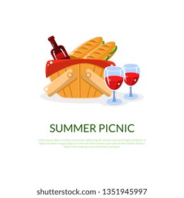 Romantic Summer Picnic Banner, Outdoor Recreation Template with Basket, Wine and Loaf Bread Vector Illustration