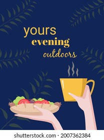 Romantic summer picnic evening. Coffee cup in hand, hot dog in hand. Poster or banner. Vector illustration