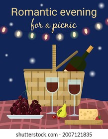 Romantic summer picnic evening. Wine, picnic basket, glasses and fruit. Poster or banner. Vector illustration