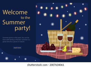Romantic summer picnic evening. Wine, picnic basket, baguette, a bottle of wine, wine glasses and pineapple, grapes. Poster or banner. Concept landing page, web page design for website, template
