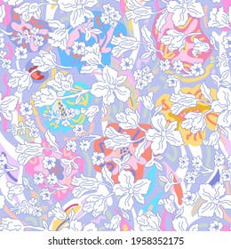 Impresión romántica de verano sobre fondo violeta. Patrón vectorial sin inconvenientes en repetición. Impresión vintage con pequeñas inflorescencias. Colección de diseño textil retro.