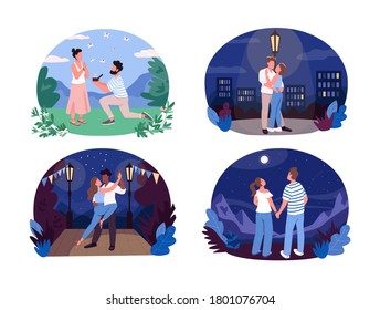 Romantic summer recreation 2D vector web banner, poster set. Teenegers stargazing. Couple flat characters on cartoon background. Vacation for two printable patch, colorful web element collection