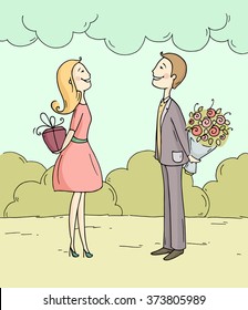 Romantic summer scene with cartoon characters - man giving flowers to a woman. Lady giving gift box to a boyfriend. Exchange of gifts between partners. Doodle hand drawn vector illustration.