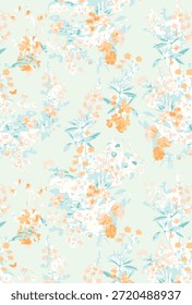 Romantic Summer Seamless floral pattern, liberty ditsy print with small hand drawn flowers. Delicate botanical design tiny simple flowers, leaves, mini bouquets in abstract. Vector illustration.