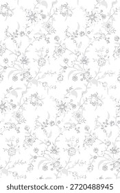 Patrón floral inconsútil del verano romántico, impresión ditsy de la libertad con las Pequeñas flores dibujadas a mano. Delicado diseño botánico pequeñas flores simples, hojas, mini ramos en abstracto. Ilustración vectorial.