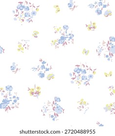 Romantische Sommer Nahtloses Blumenmuster, Freiheit ditsy Print mit kleinen handgezeichneten Blumen. Zartes botanisches Design winzige einfache Blumen, Blätter, Mini-Sträuße in abstrakter Form. Vektorgrafik.