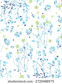 Romantic Summer Seamless floral pattern, liberty ditsy print with small hand drawn flowers. Delicate botanical design tiny simple flowers, leaves, mini bouquets in abstract. Vector illustration.