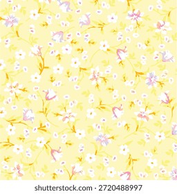 Patrón floral inconsútil del verano romántico, impresión ditsy de la libertad con las Pequeñas flores dibujadas a mano. Delicado diseño botánico pequeñas flores simples, hojas, mini ramos en abstracto. Ilustración vectorial.