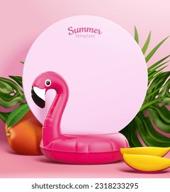 Romantic summer template. Round copy space board display on pink flamingo lilo alongside with sliced and whole mango, and tropical leaves in the back.