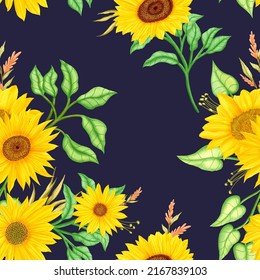 Romantic sunflower watercolor seamless pattern