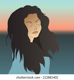 Romantic sunset. Artistic vector illustration of beautiful woman, sunset, sea, sky and boat