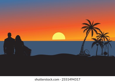 Romantic Sunset Beach Scene with Palm Trees and Couple Silhouette