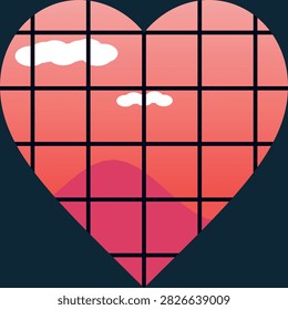 A romantic sunset landscape viewed through a heart-shaped grid window.