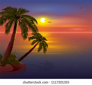 Romantic Sunset on Tropical Island. Palm trees, sea, dark sky and seagulls. Vector illustration