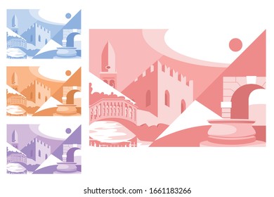 Romantic sunset scenery vector illustration. Medieval castles under lights of sun in different time of day flat style concept. Fortress in pink, blue, orange and purple sundown