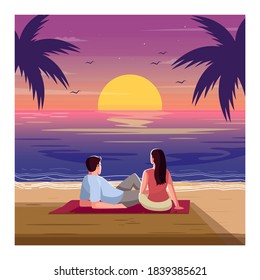 Romantic sunset semi flat vector illustration. Tropical beach. Woman and man watch waves. Palm trees on seascape. Couple on date in evening 2D cartoon characters for commercial use