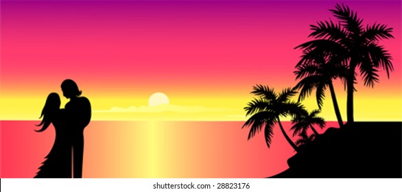 Romantic sunset. Two people on the beach. Violet sunset. Vector illustration. Tropical background.