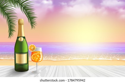 Romantic Sunset Vector Background With A Champagne Bottle Mockup And A Glass Of Aperol Spritz Cocktail